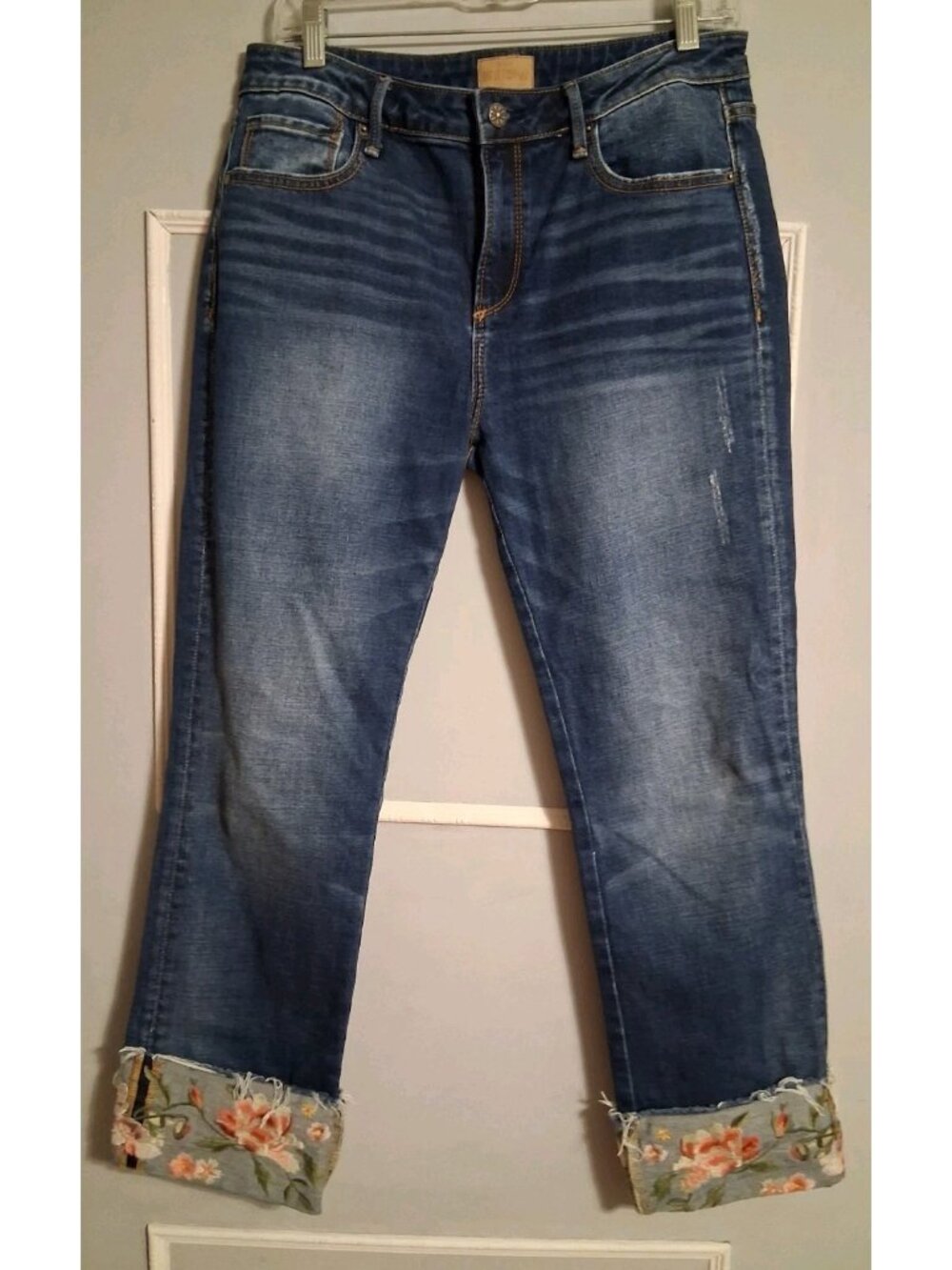 Driftwood Jeans Size 29x26 Colette Cuff Floral Embroidered Straight Leg Hobo